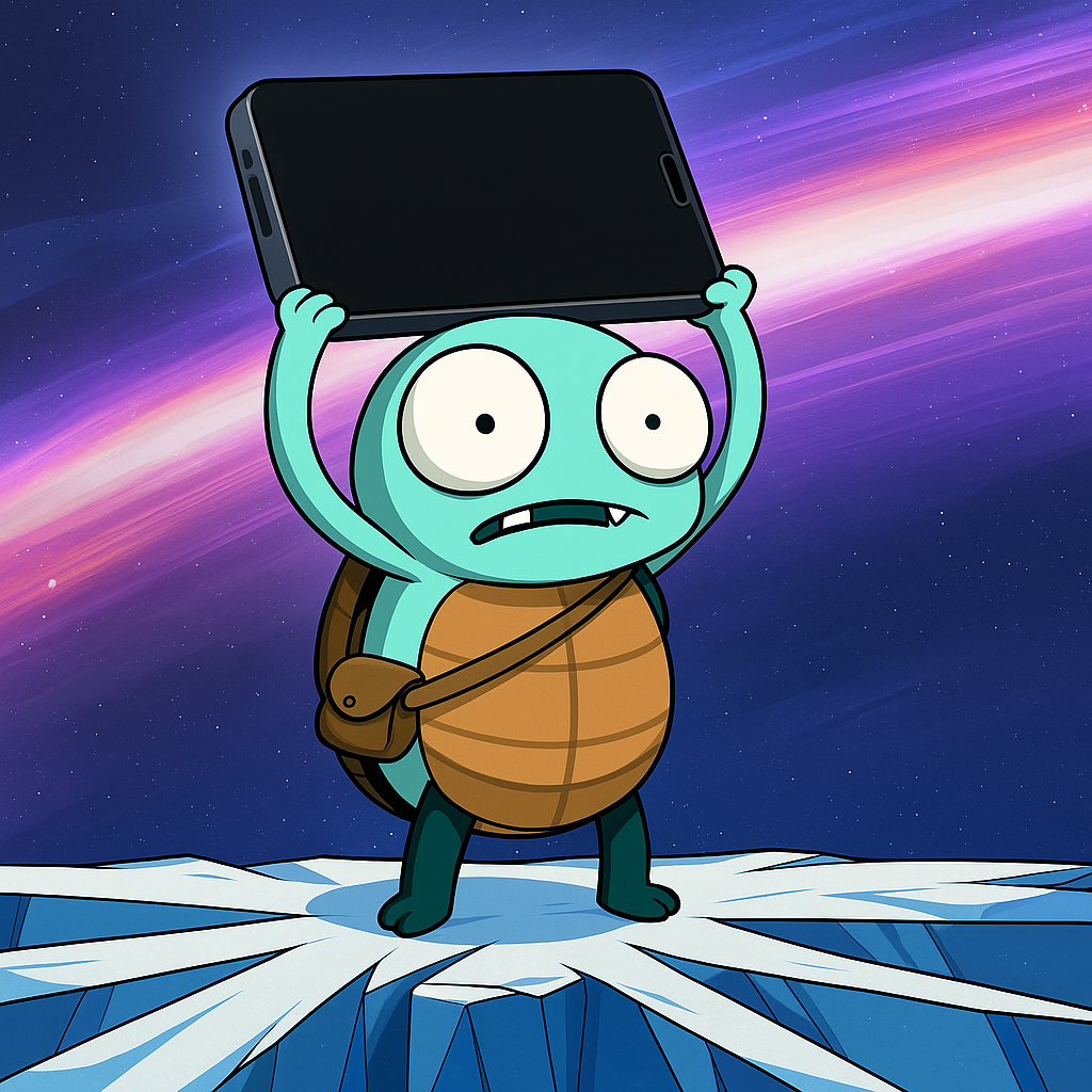 Turtle holding phone in space