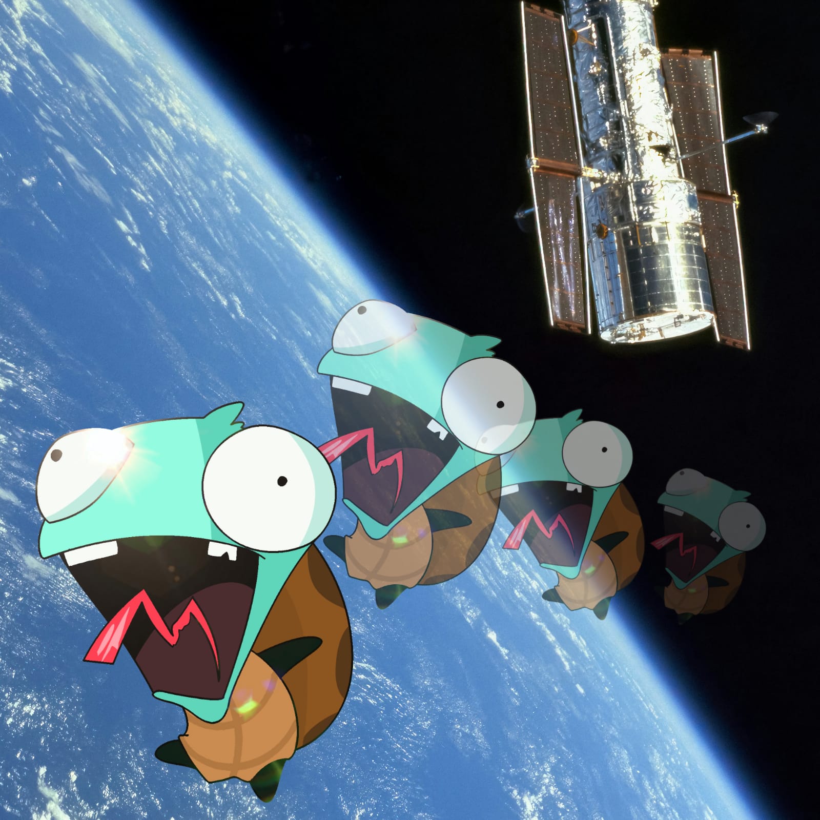 Turtles floating in space
