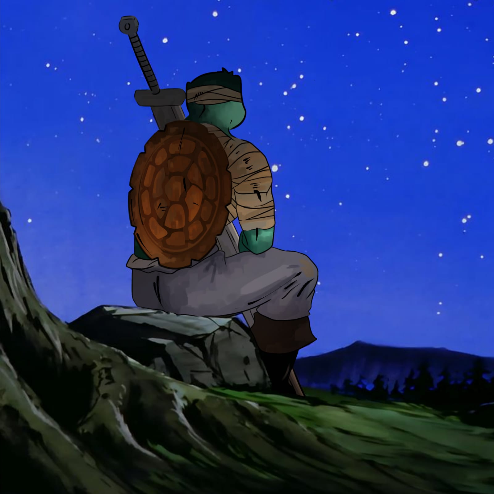 Turtle warrior under stars